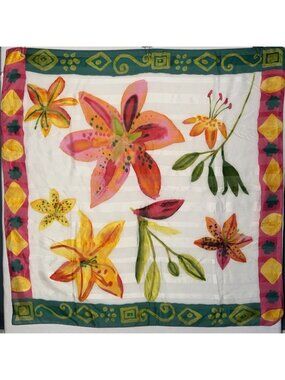 Oversized Square Scarf Floral Bright Colorful Poly Soft Lightweight Italy Pink